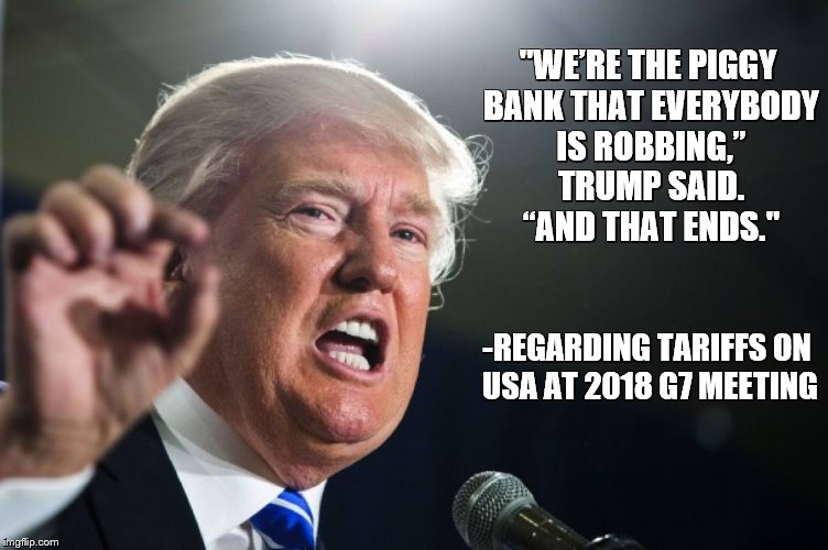 donald trump | "WE’RE THE PIGGY BANK THAT EVERYBODY IS ROBBING,” TRUMP SAID. “AND THAT ENDS."; -REGARDING TARIFFS ON USA AT 2018 G7 MEETING | image tagged in donald trump | made w/ Imgflip meme maker