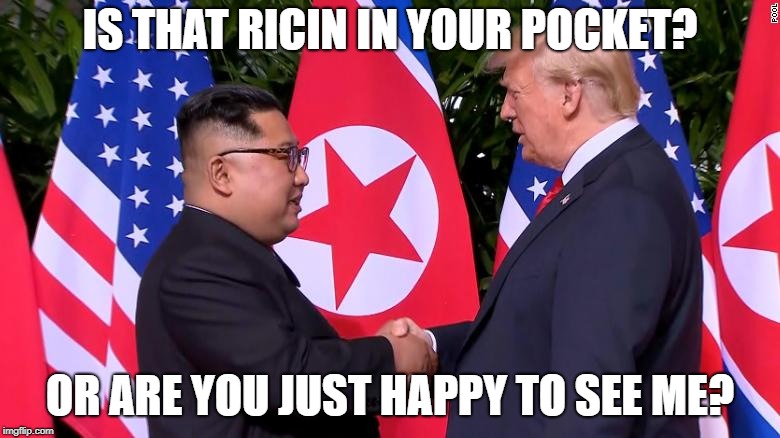 Who's Asking? | IS THAT RICIN IN YOUR POCKET? OR ARE YOU JUST HAPPY TO SEE ME? | image tagged in trump,donald trump,kim jong un,korea,ricin | made w/ Imgflip meme maker