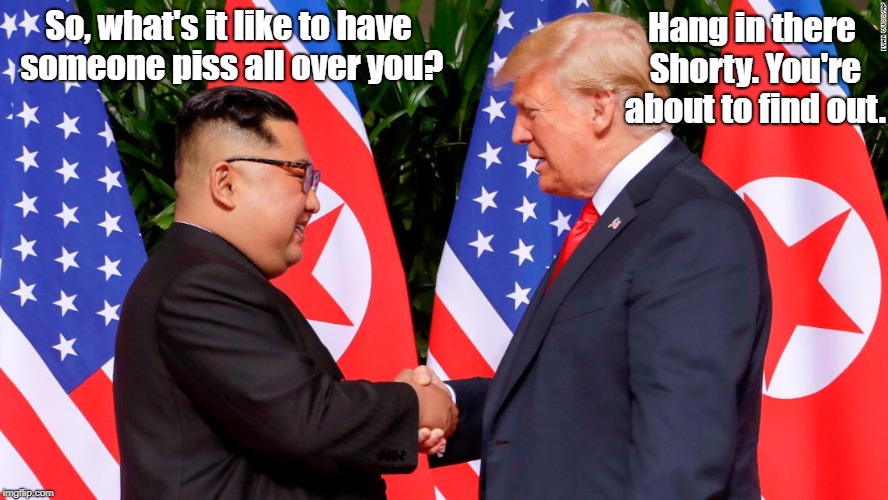 Oh dear, leader! | Hang in there Shorty. You're about to find out. So, what's it like to have someone piss all over you? | image tagged in trump,kim jong un | made w/ Imgflip meme maker
