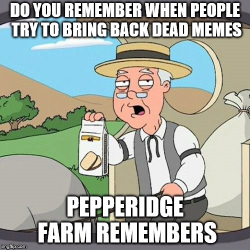Pepperidge Farm Remembers Meme | DO YOU REMEMBER WHEN PEOPLE TRY TO BRING BACK DEAD MEMES; PEPPERIDGE FARM REMEMBERS | image tagged in memes,pepperidge farm remembers | made w/ Imgflip meme maker