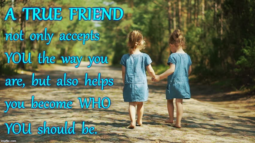 A True Friend Accepts & Helps... | A  TRUE  FRIEND; not  only  accepts; YOU  the  way  you; are,  but  also  helps; you  become  WHO; YOU  should  be. | image tagged in true friend,accept,help you become | made w/ Imgflip meme maker