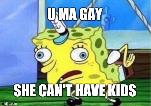 Mocking Spongebob Meme | U MA GAY; SHE CAN'T HAVE KIDS | image tagged in memes,mocking spongebob | made w/ Imgflip meme maker