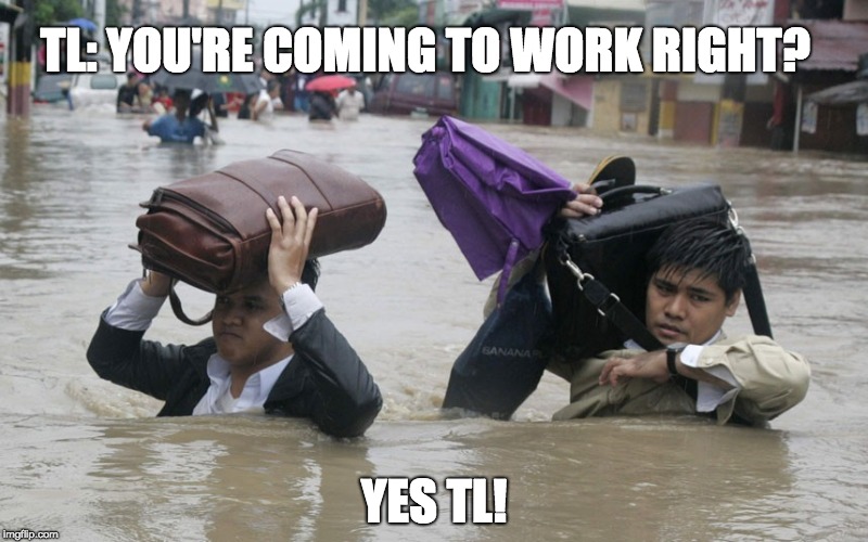 hola hola | TL: YOU'RE COMING TO WORK RIGHT? YES TL! | image tagged in rain | made w/ Imgflip meme maker
