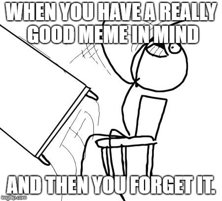 lol idk | WHEN YOU HAVE A REALLY GOOD MEME IN MIND; AND THEN YOU FORGET IT. | image tagged in memes,table flip guy | made w/ Imgflip meme maker