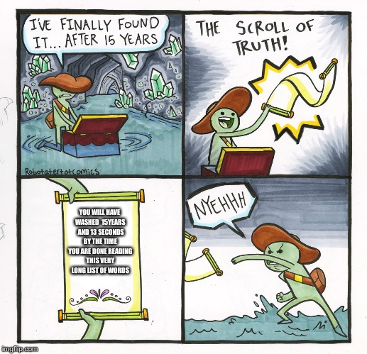 The Scroll Of Truth Meme | YOU WILL HAVE WASHED  15YEARS  AND 13 SECONDS BY THE TIME YOU ARE DONE READING THIS VERY LONG LIST OF WORDS | image tagged in memes,the scroll of truth | made w/ Imgflip meme maker