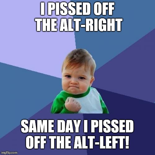 Success Kid | I PISSED OFF THE ALT-RIGHT; SAME DAY I PISSED OFF THE ALT-LEFT! | image tagged in memes,success kid | made w/ Imgflip meme maker