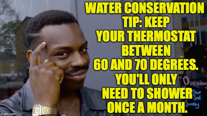 This also gets you extra personal space at the movies. | WATER CONSERVATION TIP: KEEP YOUR THERMOSTAT BETWEEN 60 AND 70 DEGREES. YOU'LL ONLY NEED TO SHOWER ONCE A MONTH. | image tagged in memes,roll safe think about it | made w/ Imgflip meme maker