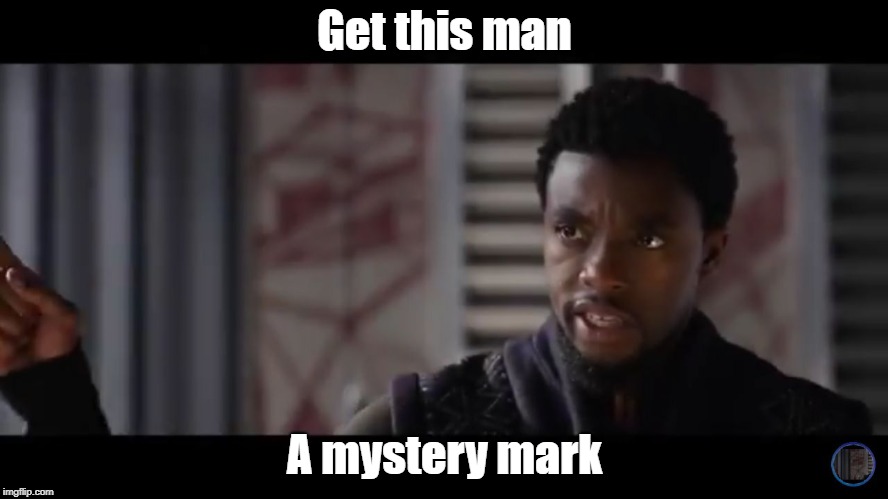Black Panther - Get this man a shield | Get this man; A mystery mark | image tagged in black panther - get this man a shield | made w/ Imgflip meme maker