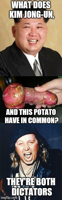 That tater is a d!ck | WHAT DOES KIM JONG-UN, AND THIS POTATO HAVE IN COMMON? THEY'RE BOTH DICTATORS | image tagged in dictator,kim jong un,potato,pipe_picasso,sam kinison | made w/ Imgflip meme maker