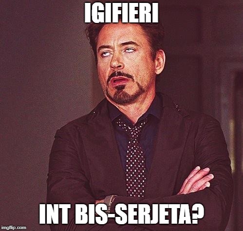 Robert Downey Jr Annoyed | IGIFIERI; INT BIS-SERJETA? | image tagged in robert downey jr annoyed | made w/ Imgflip meme maker