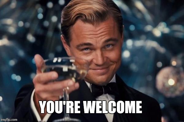 Leonardo Dicaprio Cheers Meme | YOU'RE WELCOME | image tagged in memes,leonardo dicaprio cheers | made w/ Imgflip meme maker