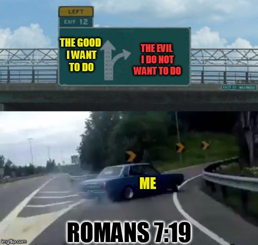 NIV: For I do not do the good I want to do, but the evil I do not want to do--this I keep on doing. | THE EVIL I DO NOT WANT TO DO; THE GOOD I WANT TO DO; ME; ROMANS 7:19 | image tagged in memes,left exit 12 off ramp | made w/ Imgflip meme maker