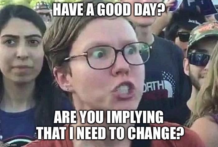 People get offended so easily nowadays  | HAVE A GOOD DAY? ARE YOU IMPLYING THAT I NEED TO CHANGE? | image tagged in triggered liberal,have a nice day,offended | made w/ Imgflip meme maker