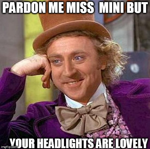 Miss  Mini is a HOTTIE! | PARDON ME MISS  MINI BUT; YOUR HEADLIGHTS ARE LOVELY | image tagged in memes,creepy condescending wonka,willy the  wonk | made w/ Imgflip meme maker