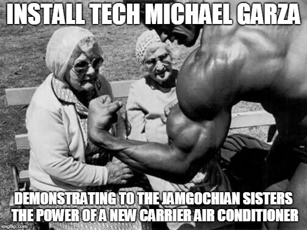 INSTALL TECH MICHAEL GARZA; DEMONSTRATING TO THE JAMGOCHIAN SISTERS THE POWER OF A NEW CARRIER AIR CONDITIONER | image tagged in old lady,arnold schwarzenegger | made w/ Imgflip meme maker