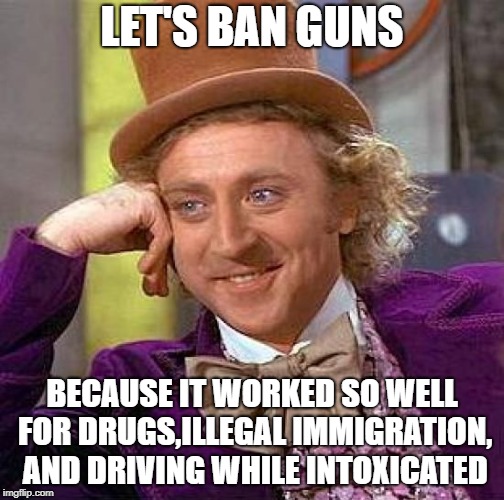 Creepy Condescending Wonka Meme | LET'S BAN GUNS BECAUSE IT WORKED SO WELL FOR DRUGS,ILLEGAL IMMIGRATION, AND DRIVING WHILE INTOXICATED | image tagged in memes,creepy condescending wonka | made w/ Imgflip meme maker
