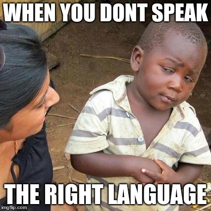 Third World Skeptical Kid Meme | WHEN YOU DONT SPEAK; THE RIGHT LANGUAGE | image tagged in memes,third world skeptical kid | made w/ Imgflip meme maker