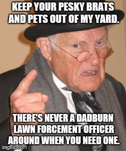Lawn order.... | KEEP YOUR PESKY BRATS AND PETS OUT OF MY YARD. THERE'S NEVER A DADBURN LAWN FORCEMENT OFFICER AROUND WHEN YOU NEED ONE. | image tagged in memes,back in my day,get off my lawn | made w/ Imgflip meme maker