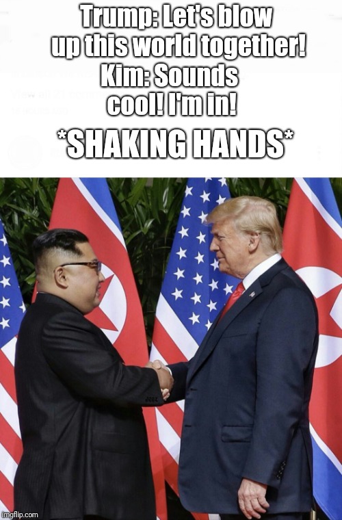 What they actually really promised to each other... | Trump: Let's blow up this world together! Kim: Sounds cool! I'm in! *SHAKING HANDS* | image tagged in donald trump,kim jong un | made w/ Imgflip meme maker