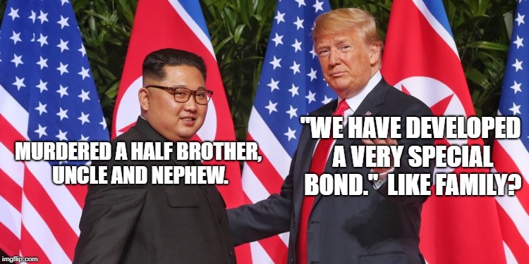 Trump and Kim | "WE HAVE DEVELOPED A VERY SPECIAL BOND."  LIKE FAMILY? MURDERED A HALF BROTHER, UNCLE AND NEPHEW. | image tagged in political meme | made w/ Imgflip meme maker