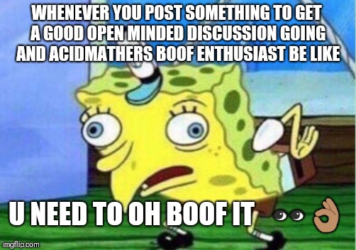 Mocking Spongebob | WHENEVER YOU POST SOMETHING TO GET A GOOD OPEN MINDED DISCUSSION GOING AND ACIDMATHERS BOOF ENTHUSIAST BE LIKE; U NEED TO OH BOOF IT 
 👀👌🏽 | image tagged in memes,mocking spongebob | made w/ Imgflip meme maker