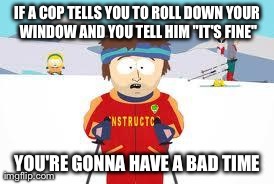 south park | IF A COP TELLS YOU TO ROLL DOWN YOUR WINDOW AND YOU TELL HIM "IT'S FINE" YOU'RE GONNA HAVE A BAD TIME | image tagged in south park | made w/ Imgflip meme maker