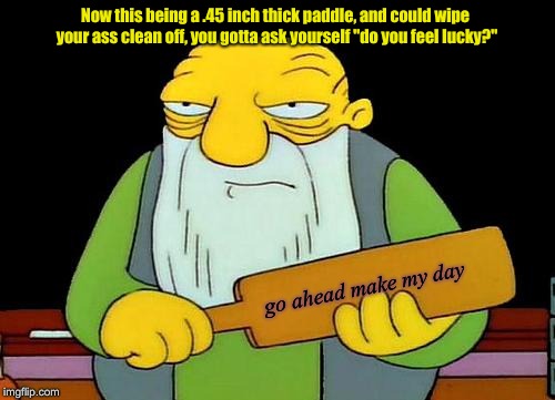 That's a paddlin' Meme | Now this being a .45 inch thick paddle, and could wipe your ass clean off, you gotta ask yourself "do you feel lucky?"; go ahead make my day | image tagged in memes,that's a paddlin' | made w/ Imgflip meme maker