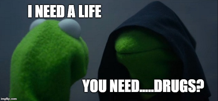 Evil Kermit | I NEED A LIFE; YOU NEED.....DRUGS? | image tagged in memes,evil kermit | made w/ Imgflip meme maker