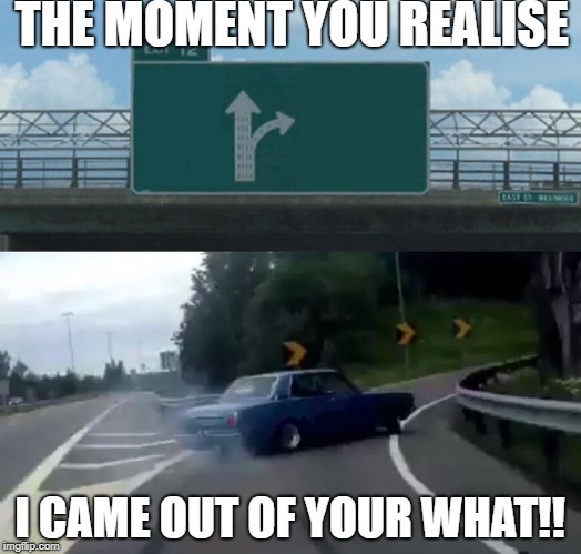Left Exit 12 Off Ramp Meme | THE MOMENT YOU REALISE; I CAME OUT OF YOUR WHAT!! | image tagged in memes,left exit 12 off ramp | made w/ Imgflip meme maker