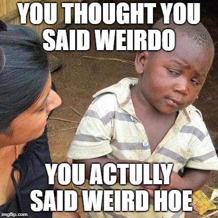 Third World Skeptical Kid Meme | YOU THOUGHT YOU SAID WEIRDO; YOU ACTULLY SAID WEIRD HOE | image tagged in memes,third world skeptical kid | made w/ Imgflip meme maker