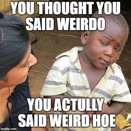 Third World Skeptical Kid | YOU THOUGHT YOU SAID WEIRDO; YOU ACTULLY SAID WEIRD HOE | image tagged in memes,third world skeptical kid | made w/ Imgflip meme maker