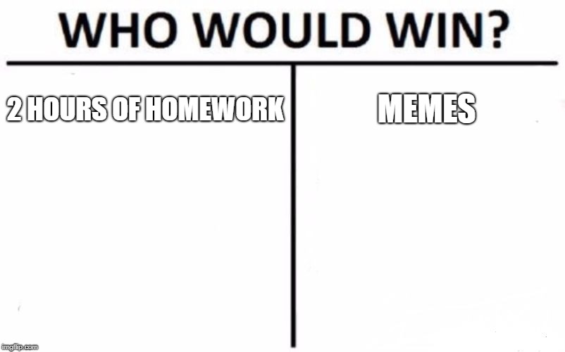 After school comes the procrastination | 2 HOURS OF HOMEWORK; MEMES | image tagged in memes,who would win,distraction,adhd,homework | made w/ Imgflip meme maker