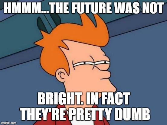 Futurama Fry Meme | HMMM...THE FUTURE WAS NOT; BRIGHT. IN FACT THEY'RE PRETTY DUMB | image tagged in memes,futurama fry | made w/ Imgflip meme maker