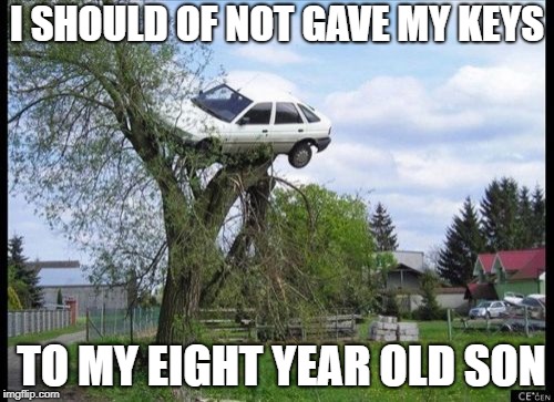 Secure Parking Meme | I SHOULD OF NOT GAVE MY KEYS; TO MY EIGHT YEAR OLD SON | image tagged in memes,secure parking | made w/ Imgflip meme maker