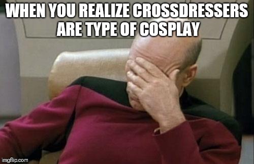 Captain Picard Facepalm Meme | WHEN YOU REALIZE CROSSDRESSERS ARE TYPE OF COSPLAY | image tagged in memes,captain picard facepalm | made w/ Imgflip meme maker