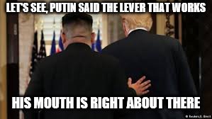 New entry on Trump's resume- political puppet. | LET'S SEE, PUTIN SAID THE LEVER THAT WORKS; HIS MOUTH IS RIGHT ABOUT THERE | image tagged in memes,donald trump,kim jong un,political memes,political humor | made w/ Imgflip meme maker