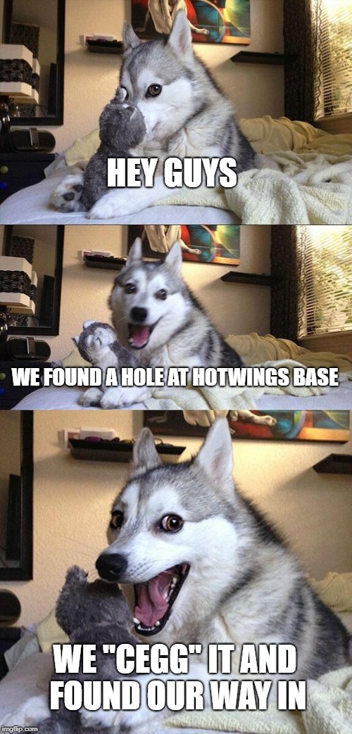 Bad Pun Dog Meme | HEY GUYS; WE FOUND A HOLE AT HOTWINGS BASE; WE "CEGG" IT AND FOUND OUR WAY IN | image tagged in memes,bad pun dog | made w/ Imgflip meme maker
