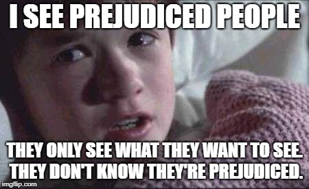 I See Dead People | I SEE PREJUDICED PEOPLE; THEY ONLY SEE WHAT THEY WANT TO SEE. THEY DON'T KNOW THEY'RE PREJUDICED. | image tagged in memes,i see dead people | made w/ Imgflip meme maker