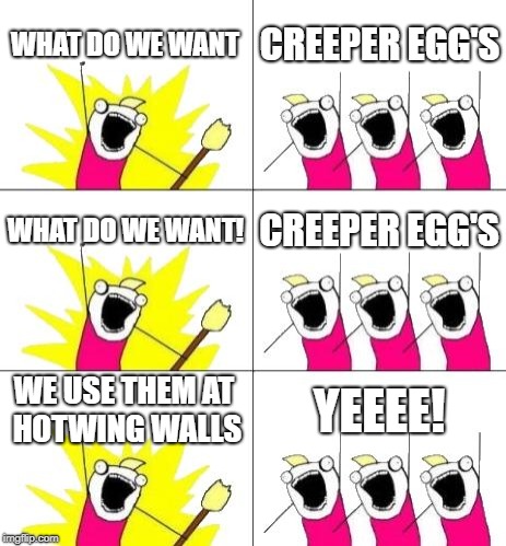 What Do We Want 3 Meme | WHAT DO WE WANT; CREEPER EGG'S; WHAT DO WE WANT! CREEPER EGG'S; WE USE THEM AT HOTWING WALLS; YEEEE! | image tagged in memes,what do we want 3 | made w/ Imgflip meme maker
