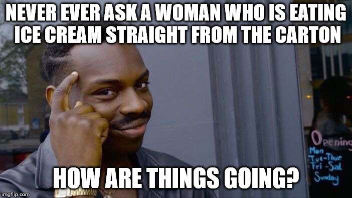 Roll Safe Think About It | NEVER EVER ASK A WOMAN WHO IS EATING ICE CREAM STRAIGHT FROM THE CARTON; HOW ARE THINGS GOING? | image tagged in memes,roll safe think about it | made w/ Imgflip meme maker