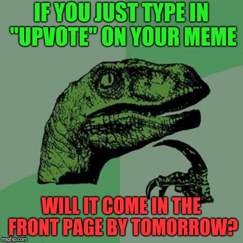 You got an upvote? | IF YOU JUST TYPE IN "UPVOTE" ON YOUR MEME; WILL IT COME IN THE FRONT PAGE BY TOMORROW? | image tagged in memes,upvote,lol,philosoraptor | made w/ Imgflip meme maker