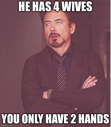 Face You Make Robert Downey Jr Meme | HE HAS 4 WIVES YOU ONLY HAVE 2 HANDS | image tagged in memes,face you make robert downey jr | made w/ Imgflip meme maker