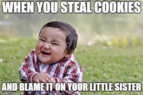 Evil Toddler Meme | WHEN YOU STEAL COOKIES; AND BLAME IT ON YOUR LITTLE SISTER | image tagged in memes,evil toddler | made w/ Imgflip meme maker