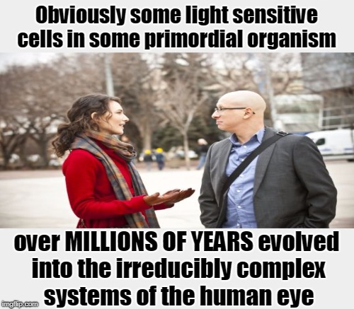 The evangelical atheist was asked about the complexity of the human eye  | Obviously some light sensitive cells in some primordial organism; over MILLIONS OF YEARS evolved into the irreducibly complex systems of the human eye | image tagged in atheist,evolution,human evolution,eyeball,evangelical atheists,memes | made w/ Imgflip meme maker