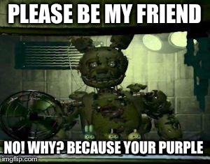 FNAF Springtrap in window | PLEASE BE MY FRIEND; NO! WHY? BECAUSE YOUR PURPLE | image tagged in fnaf springtrap in window | made w/ Imgflip meme maker