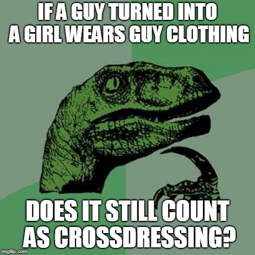 Philosoraptor | IF A GUY TURNED INTO A GIRL WEARS GUY CLOTHING; DOES IT STILL COUNT AS CROSSDRESSING? | image tagged in memes,philosoraptor | made w/ Imgflip meme maker