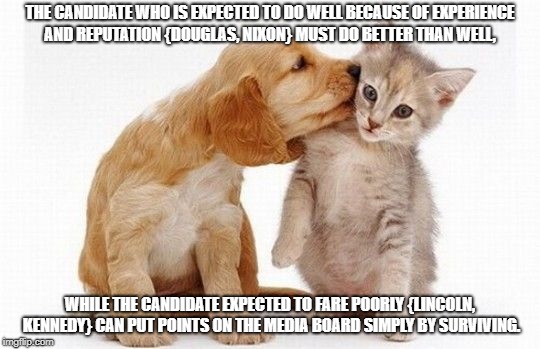 Puppy kisses kitten | THE CANDIDATE WHO IS EXPECTED TO DO WELL BECAUSE OF EXPERIENCE AND REPUTATION {DOUGLAS, NIXON} MUST DO BETTER THAN WELL, WHILE THE CANDIDATE EXPECTED TO FARE POORLY {LINCOLN, KENNEDY} CAN PUT POINTS ON THE MEDIA BOARD SIMPLY BY SURVIVING. | image tagged in puppy kisses kitten | made w/ Imgflip meme maker