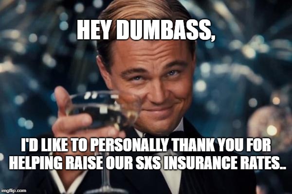 Leonardo Dicaprio Cheers | HEY DUMBASS, I'D LIKE TO PERSONALLY THANK YOU FOR HELPING RAISE OUR SXS INSURANCE RATES.. | image tagged in memes,leonardo dicaprio cheers | made w/ Imgflip meme maker