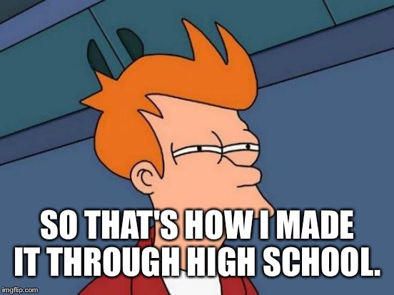 Futurama Fry Meme | SO THAT'S HOW I MADE IT THROUGH HIGH SCHOOL. | image tagged in memes,futurama fry | made w/ Imgflip meme maker