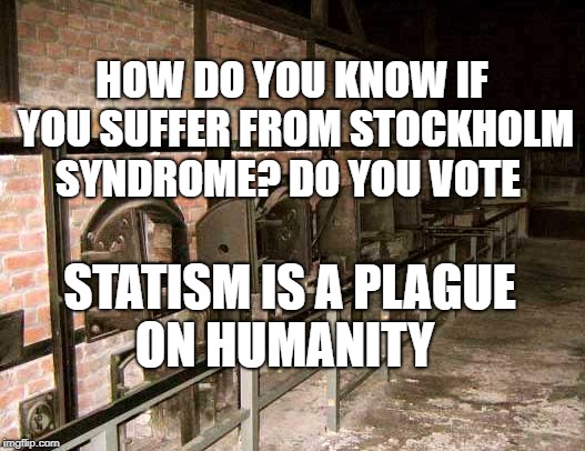holocaust ovens | HOW DO YOU KNOW IF YOU SUFFER FROM STOCKHOLM SYNDROME? DO YOU VOTE; STATISM IS A PLAGUE ON HUMANITY | image tagged in holocaust ovens | made w/ Imgflip meme maker
